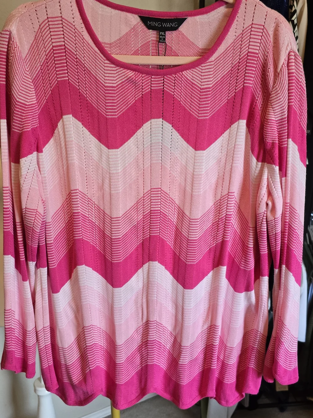 Ming Wang Pink Pointelle Chevron Knit Long-Sleeve Top Petite XL